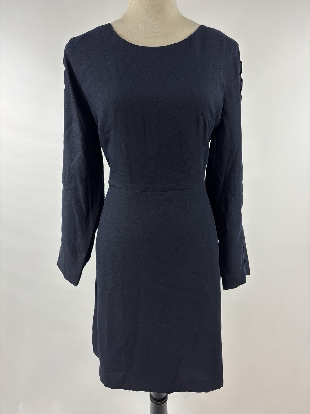 Club Monaco Edni Dress Navy Blue 12 Scallop Detail Sheer Sides Long Sleeves